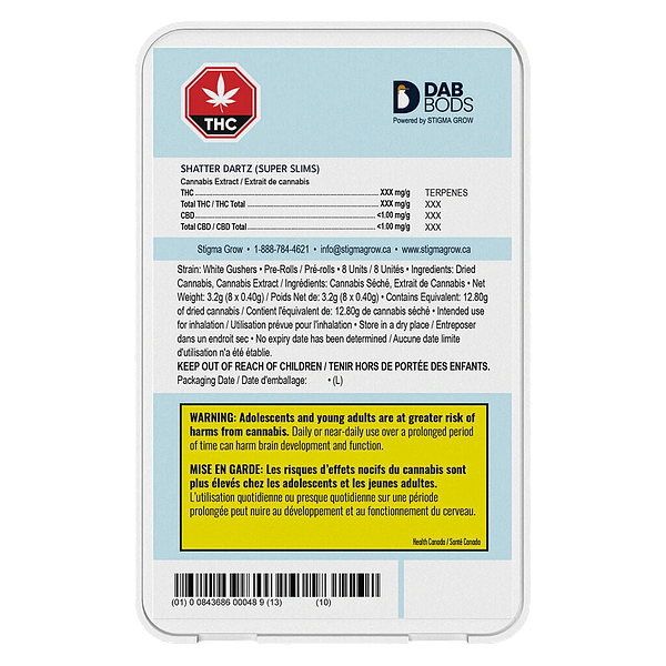 Dab Bods - White Gushers Super Slim Shatter Dartz Infused Pre-Roll