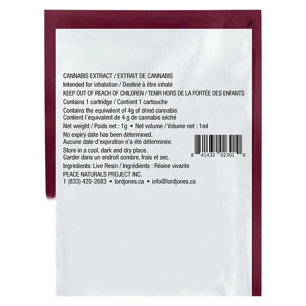 Lord Jones - Pure Live Resin Vape Purple Lemon Haze 510 Thread Cartridge