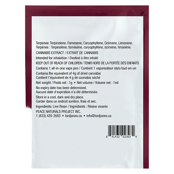 Lord Jones - Pure Live Resin Vape - Purple Lemon Haze All-in-One