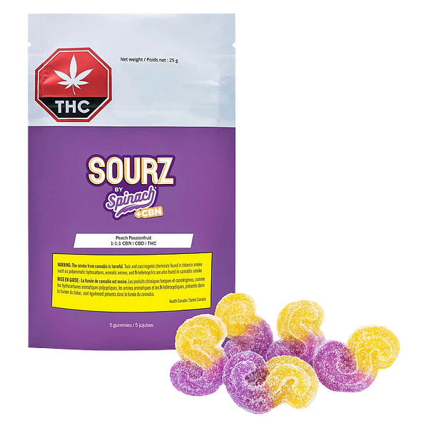 SOURZ by Spinach - Peach Passionfruit 1:1:1 Cbn Cbd Thc Gummies