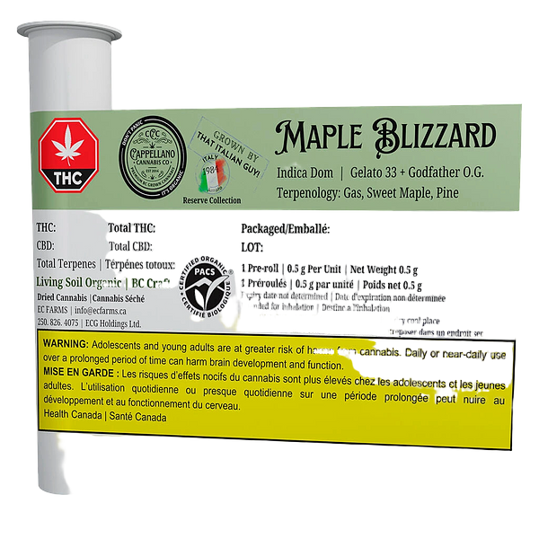 Cappellano Cannabis Co. - BC ORGANIC (LSO) MAPLE BLIZZARD Pre-Roll